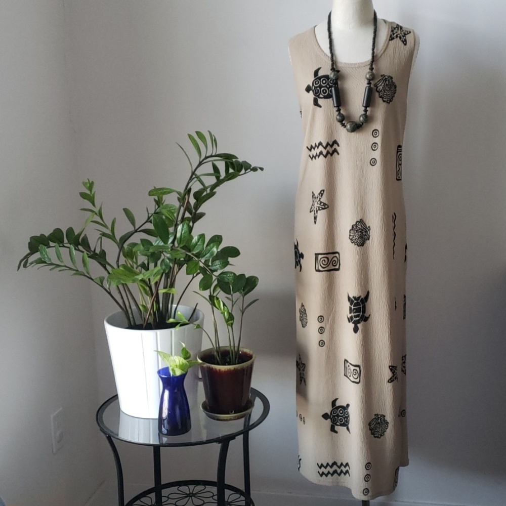 Vintage 90s Tan and Black Seascape Maxi Dress